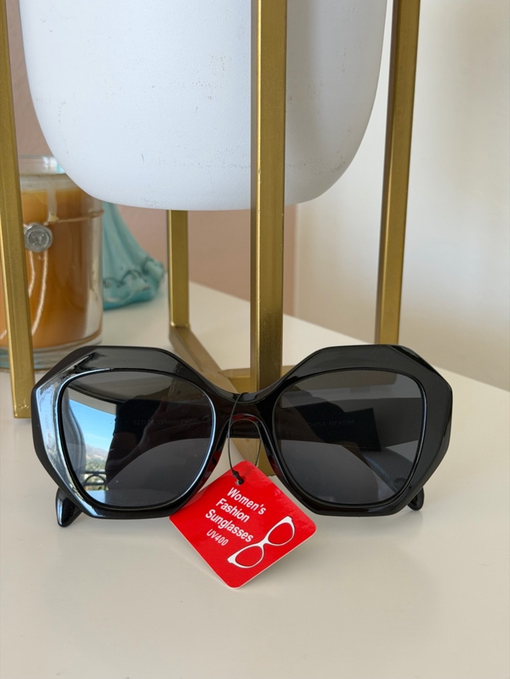 Women’s Oversized Geometric Hexagon Sunglasses – Classic Black Gloss Frames